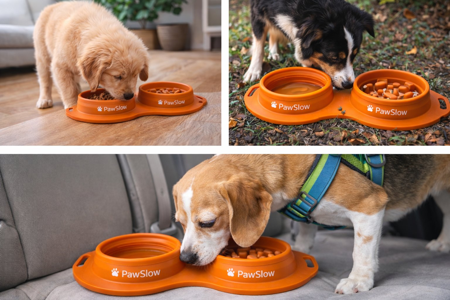 Dogs enjoying PawSlow bowls in different settings